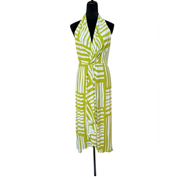Calvin Klein Sleeveless Halter Midi Dress Sz 10 Green White Abstract Stripe NWT - Picture 3 of 14